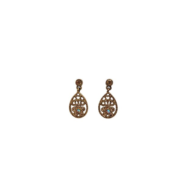 Vintage Womens Gold Toned Floral Rhinestone Tear Drop Dangle Pierced Earrings - Picture 5 of 9
